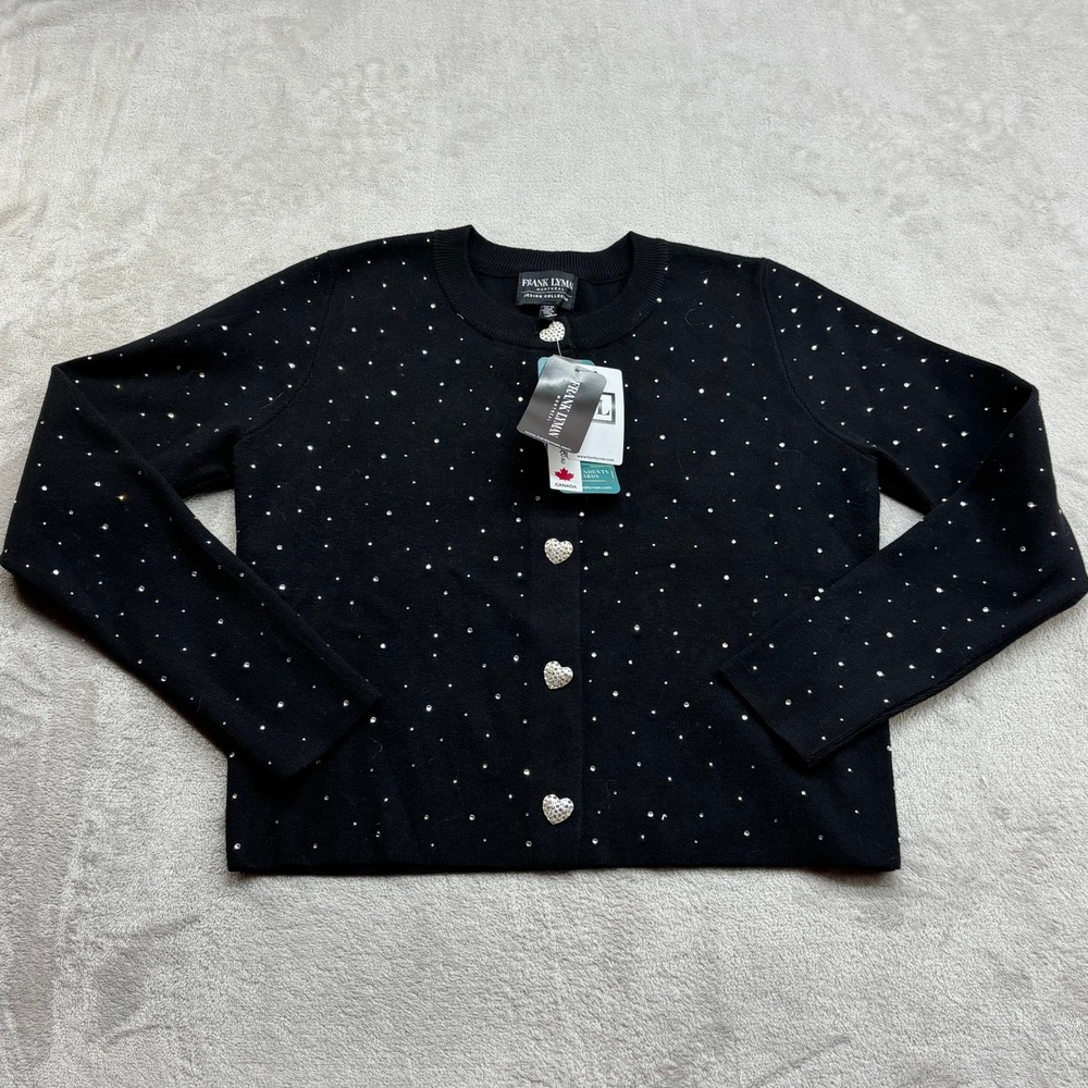 Frank Lyman Cardigan Women L Black Rhinestone Heart Button Sweater Glam Coquette